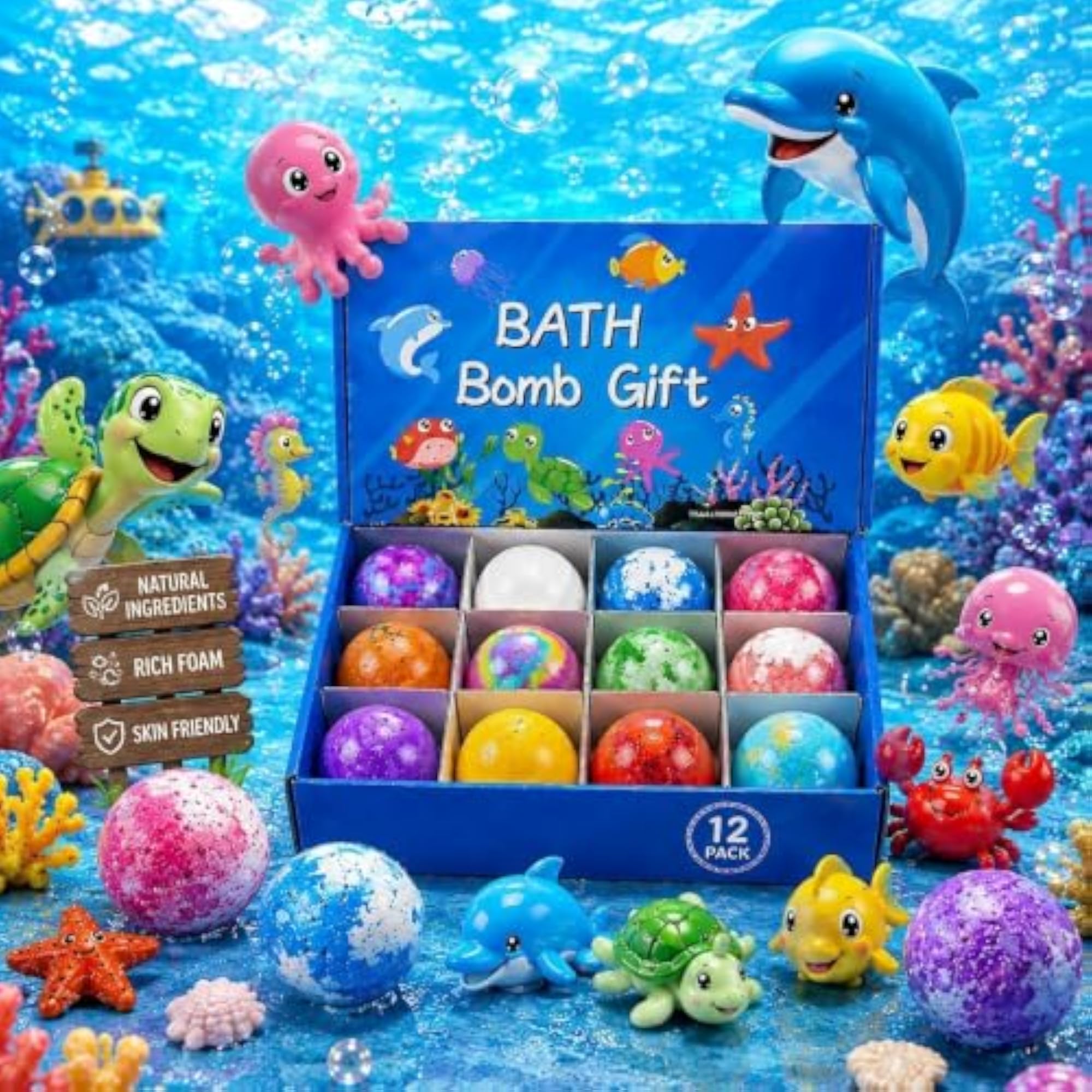 Bath Bombs for Kids Set of 12 with Ocean Animal Toys