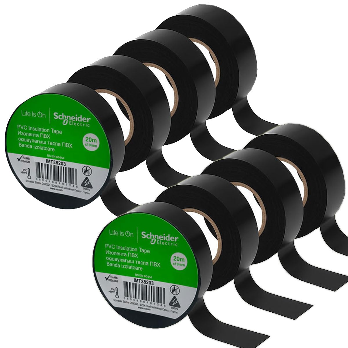 Schneider Electric Premium PVC Electrical Tape Black 19mm x 20m (Pack of 8) – Fire Retardant Insulation Tape for Wiring, Repairs & Cable Protection - Electrical Maintenance (IMT38203).