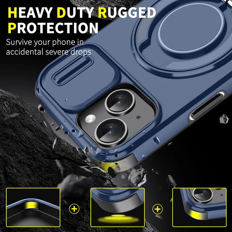 Image of LuxuryKase Shockproof Rugged Case for iPhone 15 Plus | Slide Camera Cover | 360 Rotating Ring Kickstand | Military-Grade Protection - Navy Blue