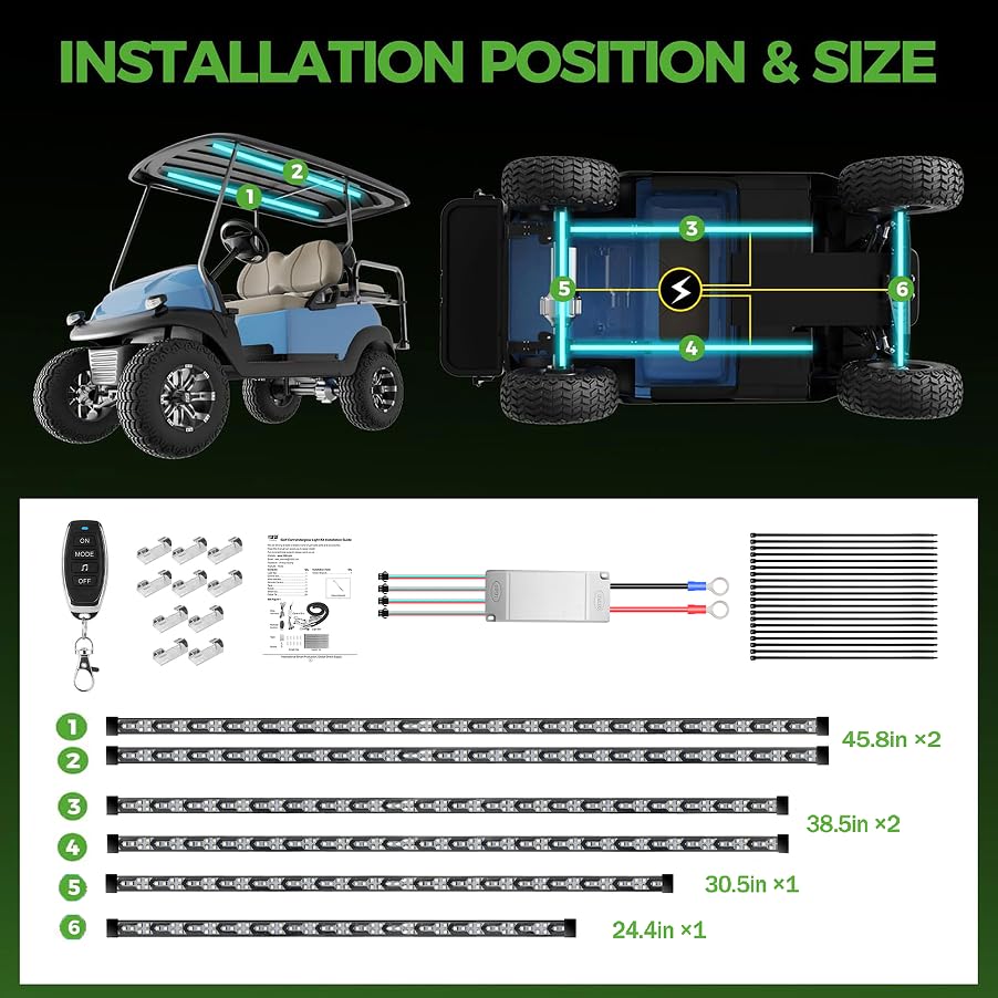 Image of 10L0L Golf Cart Underglow Light Kit with Canopy Lights, IP67 Waterproof, 24 Dream Color Modes Wireless Remote Music Sync, 12V-80V Wide Voltage Fit for Yamaha EZGO Club Car