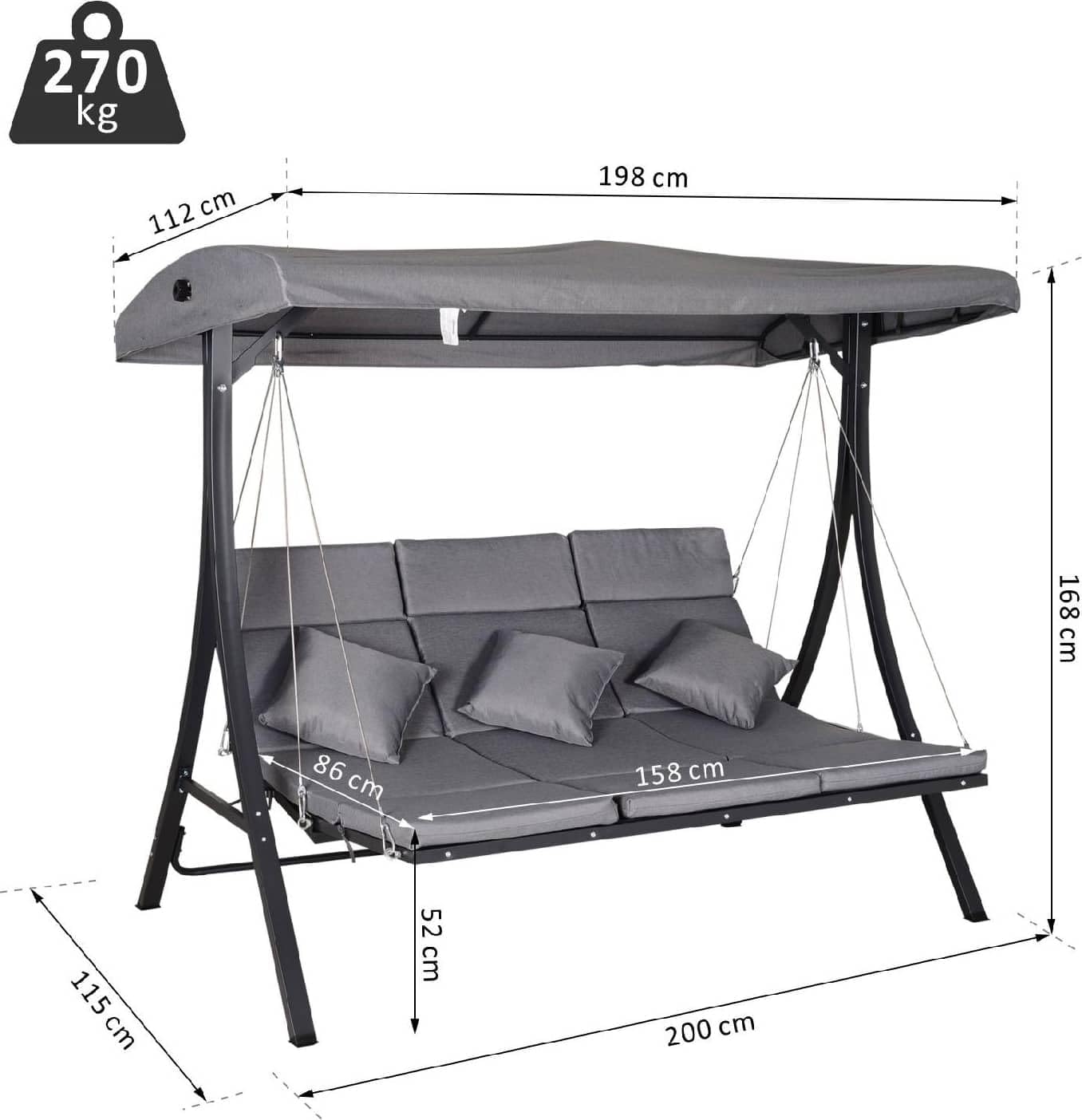 Dondolo da Giardino 3 Posti con Tettuccio Parasole in Metallo/Poliestere Dimensioni 200x115x168 cm Colore Grigio