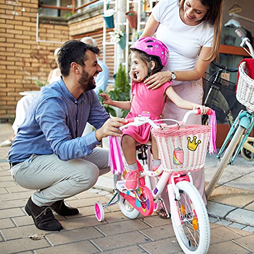 Cesta de mimbre blanca y rosa de bici con serpentinas y timbre para niños 7