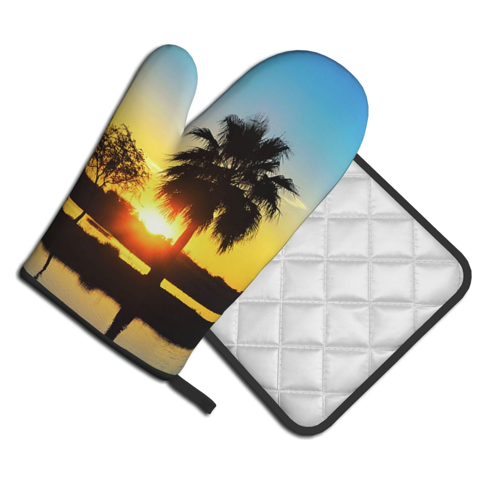 Oven Mitts and Pot Holders Set of 2 Pcs, Sunset Palm Printed Heat Resistant Kitchen Gloves Potholders for Cooking Baking Grilling