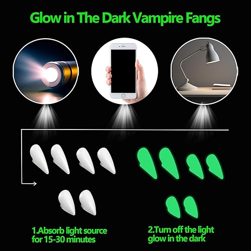 Miniatura 3 de Paquete de 3 dientes falsos de colmillos de vampiro que brillan en la oscuridad con kit de dientes adhesivos, disfraz de zombi de Halloween,