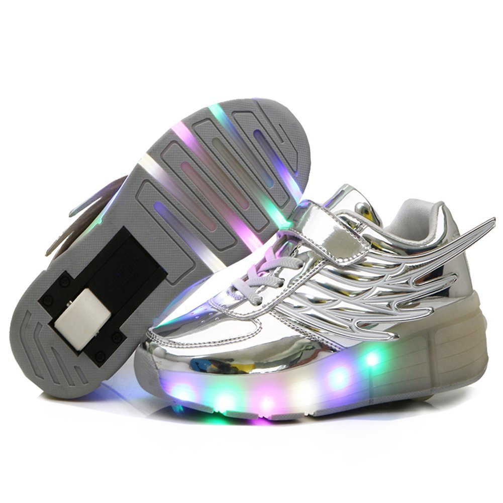 Kids Wings Single Wheels Skate Shoe Fashion Roller Sneakers Birthday Gift (Sliver - 1)