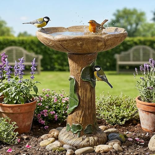 Image of SunJet 24 inch High x 19 inch Diameter Outdoor Bird Bath with Tree Stump Leaf Design - Fibre Reinforced Concrete Birdbaths for Garden, Patio, Yard, Lawn Decor