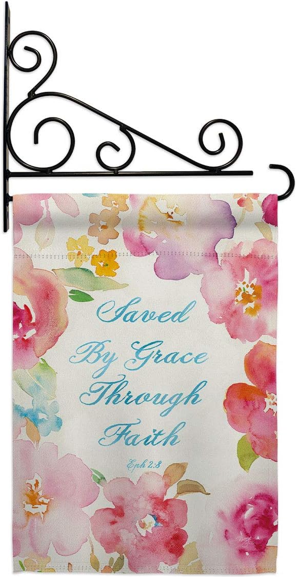 Saved by Grace Garden Flag Set Wall Holder Religious Bible Verses Bless Faith Thank Hope Pray Christian Religion Small Decorative Gift Yard House Banner Double-Sided Made In USA 13 X 18.5