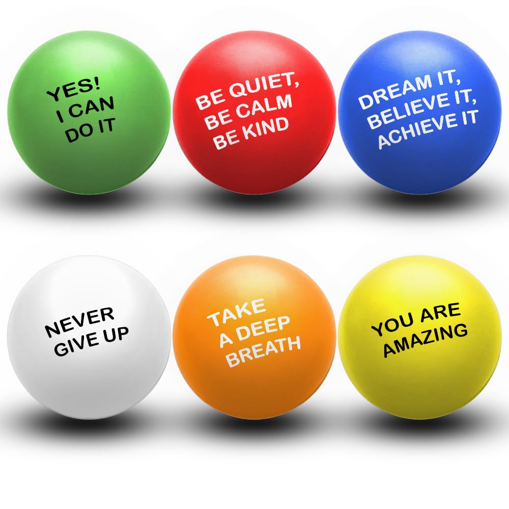 6Pcs Motivational Stress Ball set for adults and kids for Anxiety, Muscle Focus Improvement, Arthritis & Stress Relief Balls with Motivational Quetos