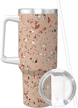 40 oz Pink Terrazzo Tumbler with Handle and Straw Lid, Cup Holder Insulated Stainless Steel Travel Mug