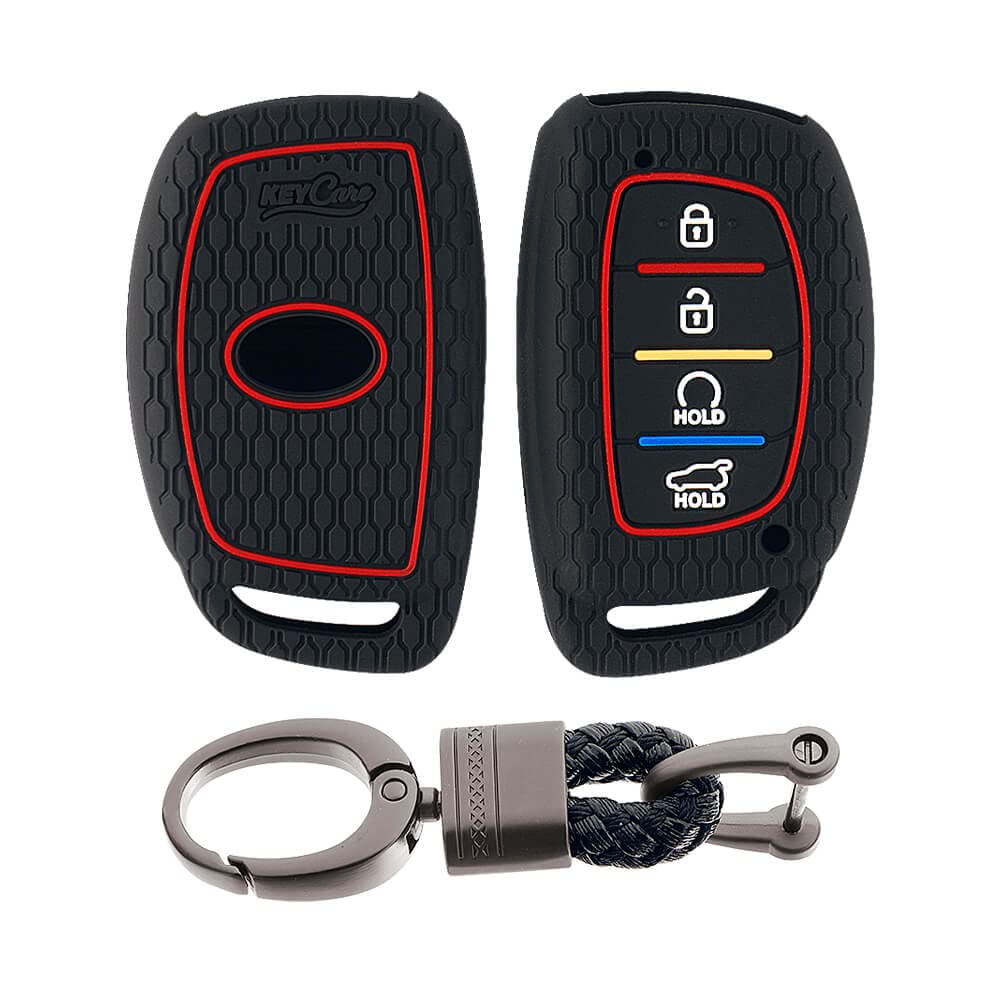 Keycare Silicone Key Cover & Keychain Compatible for Hyundai Alcazar,Creta 2021,Creta EV 4 Button Smart Key. (KC67 Black with Alloy Black Keyring)