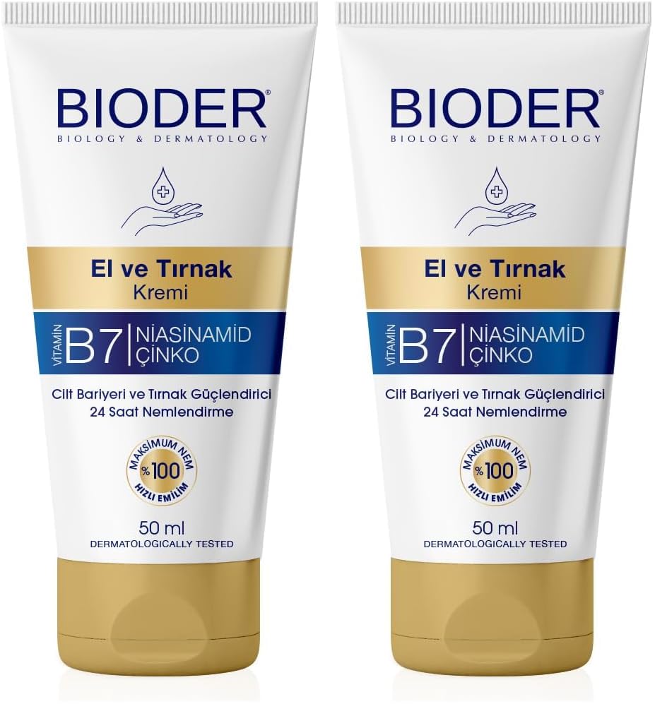 Bioder El ve Tırnak Bakım Kremi 50 ml – Biotin, Niasinamid ve Çinko İçerikli Nemlendirici, Tırnak Güçlendirici (2 paketi)
