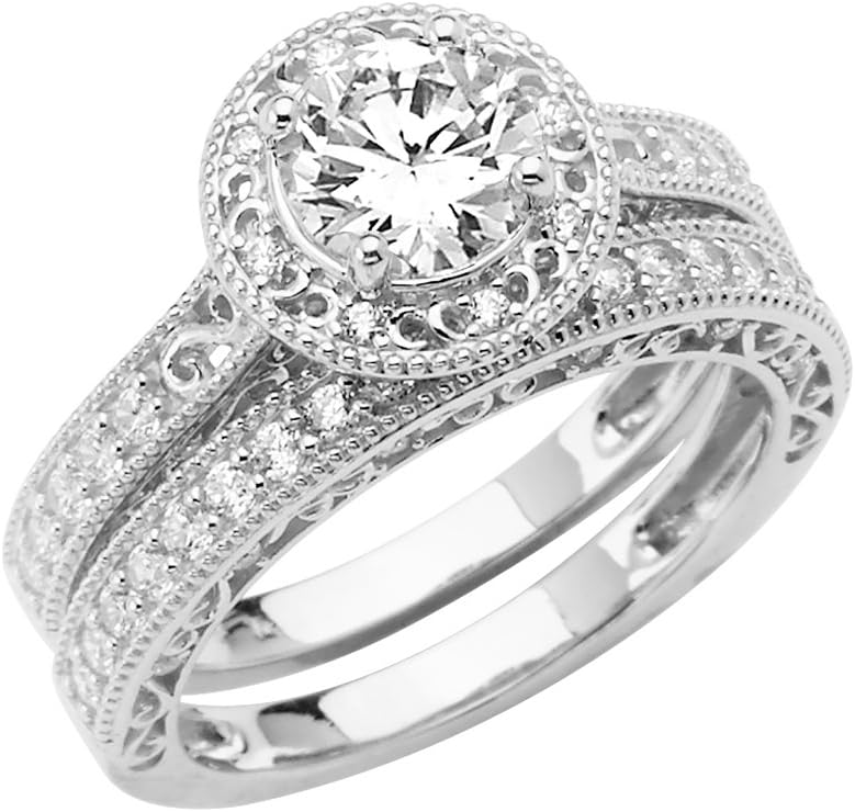 Wellingsale Ladies Solid 14k Yellow -OR- White Gold Polished CZ Cubic Zirconia Engagement Ring + Wedding Band Bridal Set
