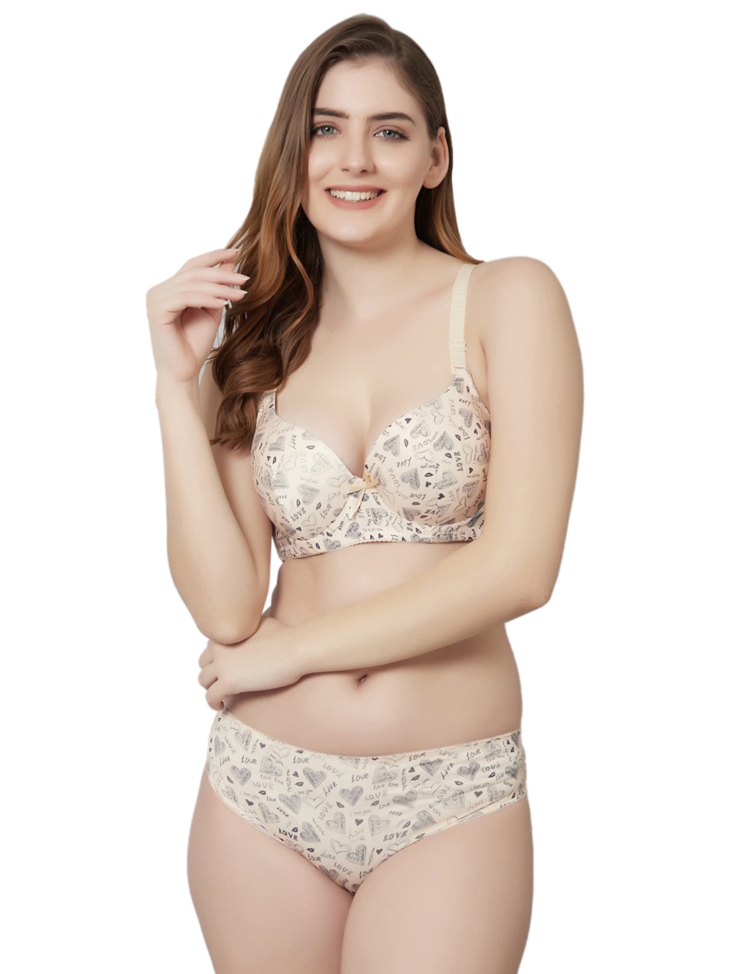 quttos PrettyCat Beautiful Love Print Lightly Padded T-Shirt Bra Panty Set Beige-picture-27