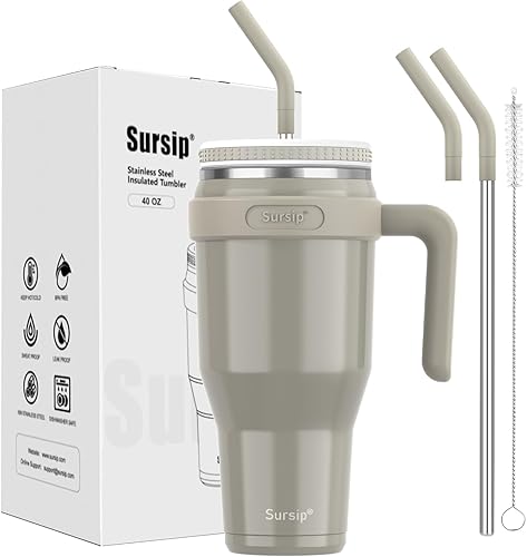 Sursip Vaso de 40 onzas, con aislamiento de acero inoxidable con asa no extraíble, mantiene las bebidas frías hasta 24 horas, a prueba de sudor,