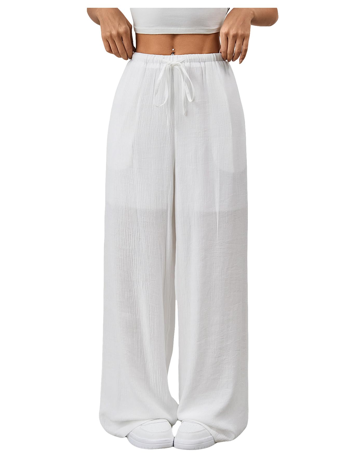SHENHE Womens Drawstring Tie Front Straight Leg Pants Wide Leg Elastic Waist Pants