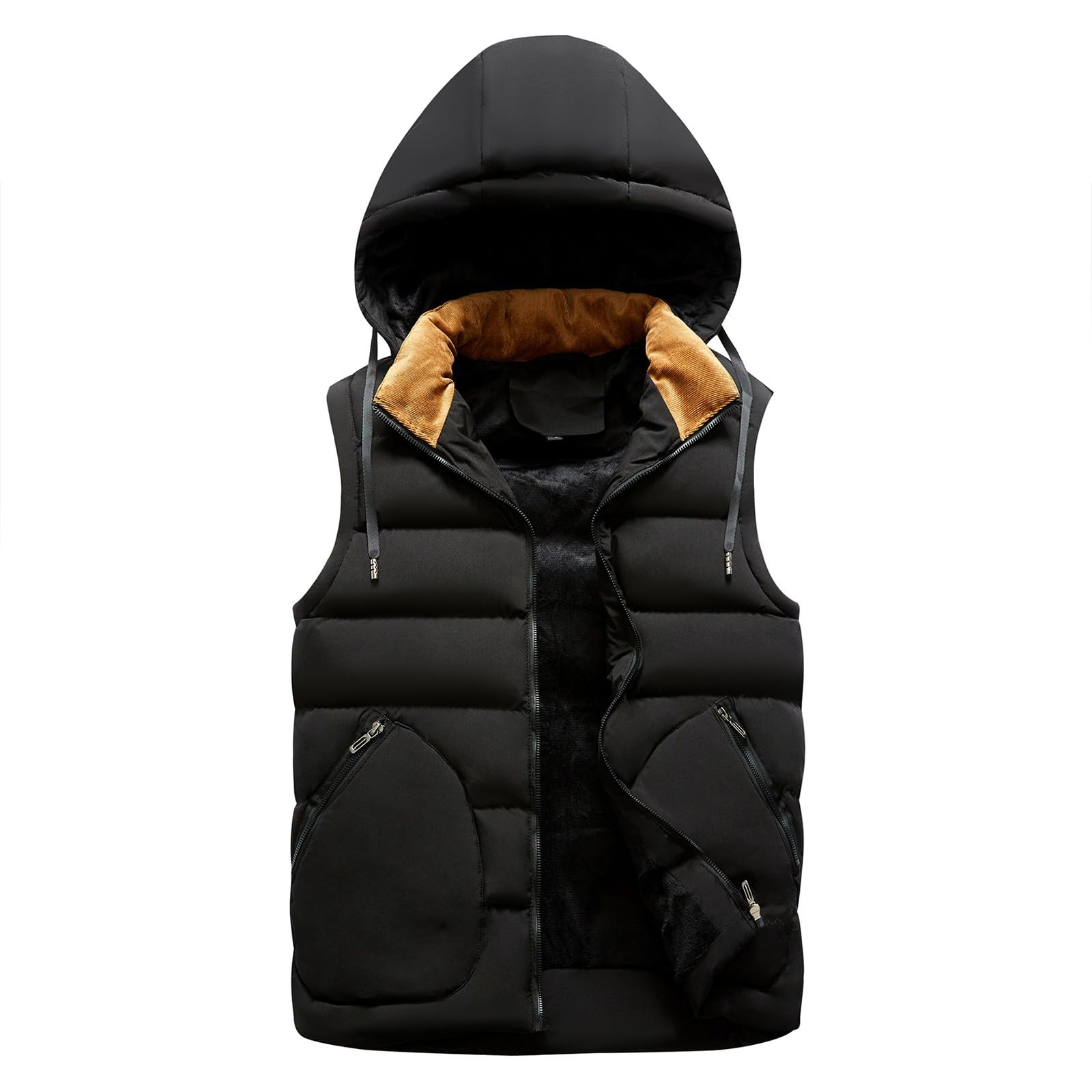 Chaleco acolchado con capucha para hombre, chaleco acolchado sin mangas con forro polar con bolsillos con cremallera, calentador de cuerpo grueso aislado, chaleco acolchado relleno de algodón, capucha
