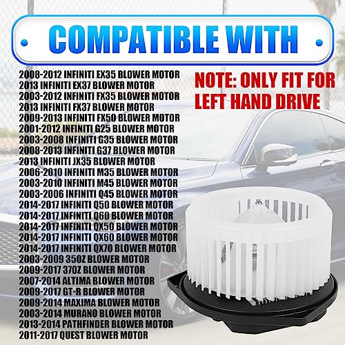Image of AC Heater Blower Motor Assembly, Blower Motor with Fan Fit for Nissan Altima Maxima 350Z 370Z Pathfinder Murano GT-R, Infiniti EX35 FX35 FX45 G25 G35 M35, 700193, PM9316 27200-JA000, 27225-3TA1A