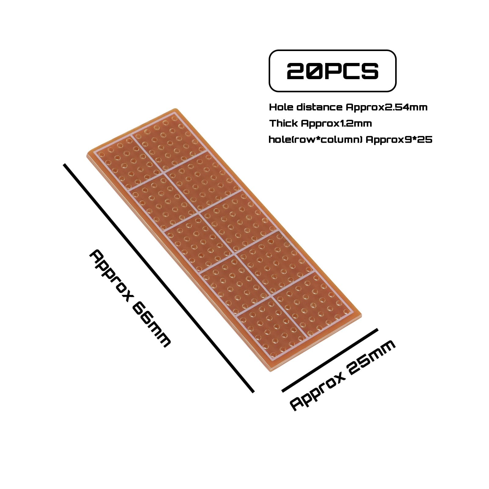 OTOTEC 20 schede prototipo su un lato singolo, 25 mm x 66 mm, PCB con foro singolo lato, circuito in bachelite, per saldatura fai da te, progetti elettronici, circuiti di prova