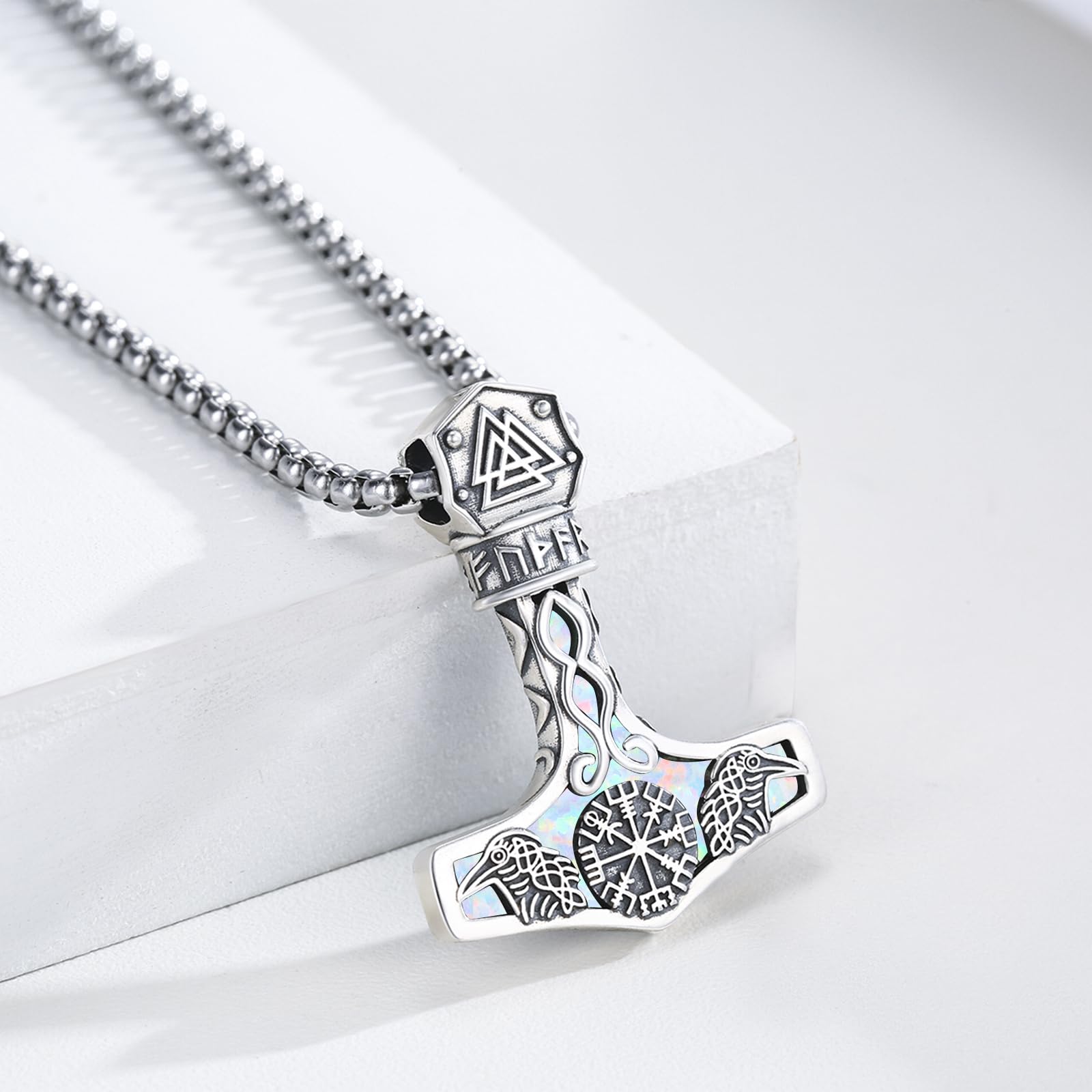 Mjölnir - Collana in argento Sterling con ciondolo a forma di bussola vichinga, con ciondolo a forma di martello di Thor, da uomo, con rune nordica, Vegvisir, regalo per donne e uomini