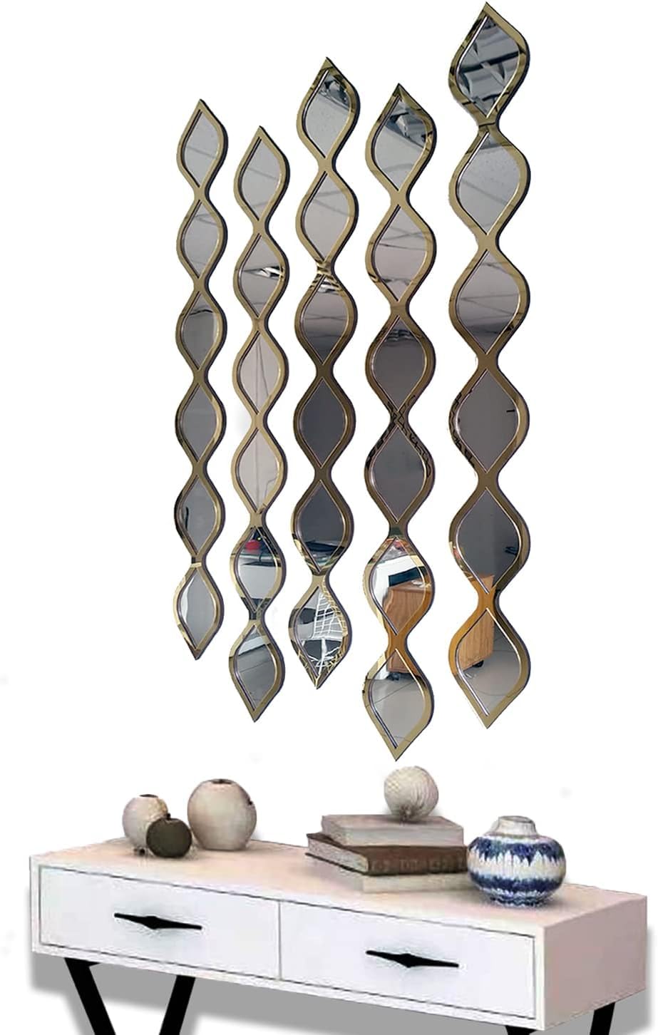 Stück natürliche Dekoration Wassertropfen Acryl Wanddeko Spiegel Inneneinrichtung Design Holzspiegel Böhmische Wanddekoration für Zuhause Wohnzimmer Schlafzimmer Dekor (Gold), 92x60