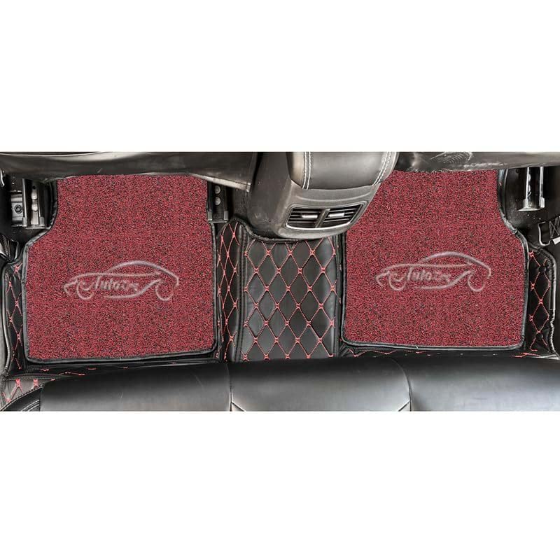 Image of 7D Luxury Car Floor Mat for Skoda Kushaq | 7-Layer Leather, Curly Base, Anti-Skid & Waterproof (Black Red with Red Curly)