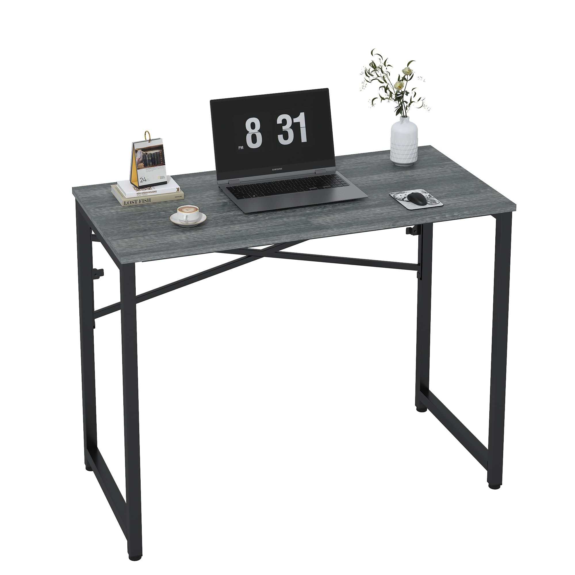 Photo 1 of 39 Inch Foldable Computer Desk, Folding Space-Saving Home Office Table, Study Writing Gaming Workstation for Small Space, No Assembly Needed,Oak 39 inches 39 Foldable Oak