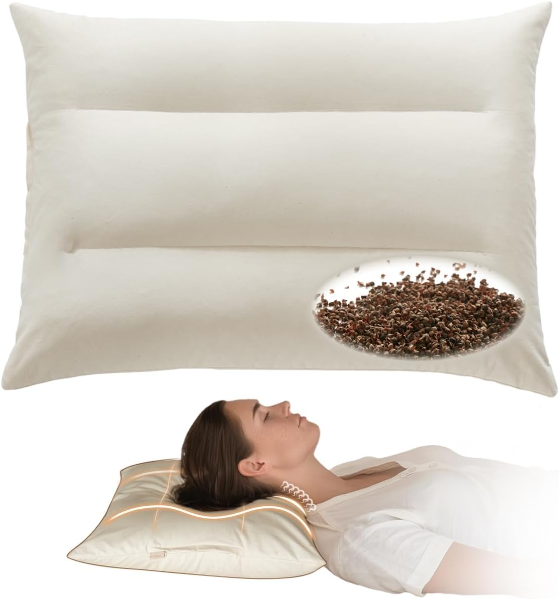 Lofe Buckwheat Pillow - 20''x26'' Buckwheat Hull Pillow with Baffle Box for S...