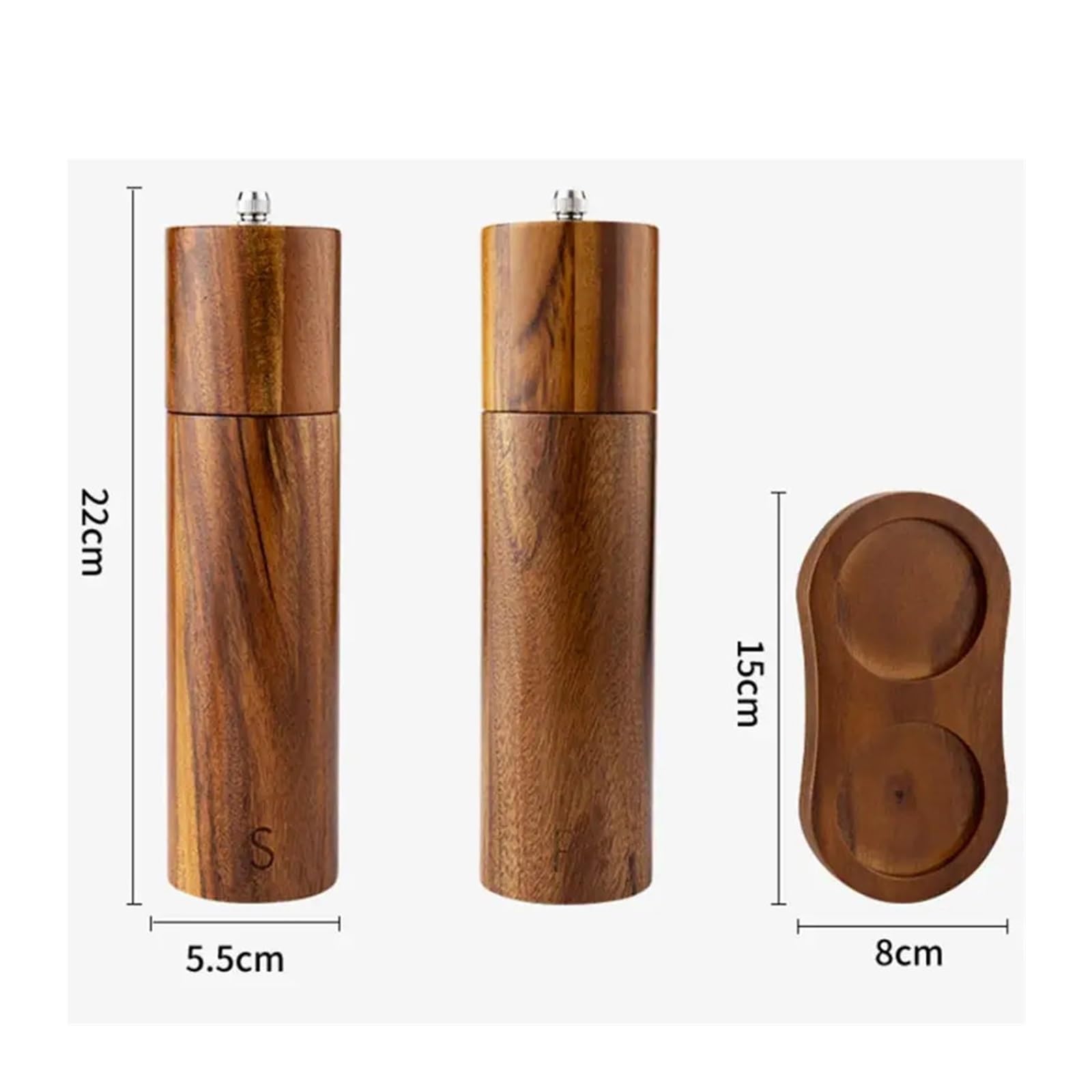 Macinino for spezie in legno massello di acacia, macinino cilindrico, bottiglia for macinazione manuale sale marino in polvere nera con set base(8Inch S)