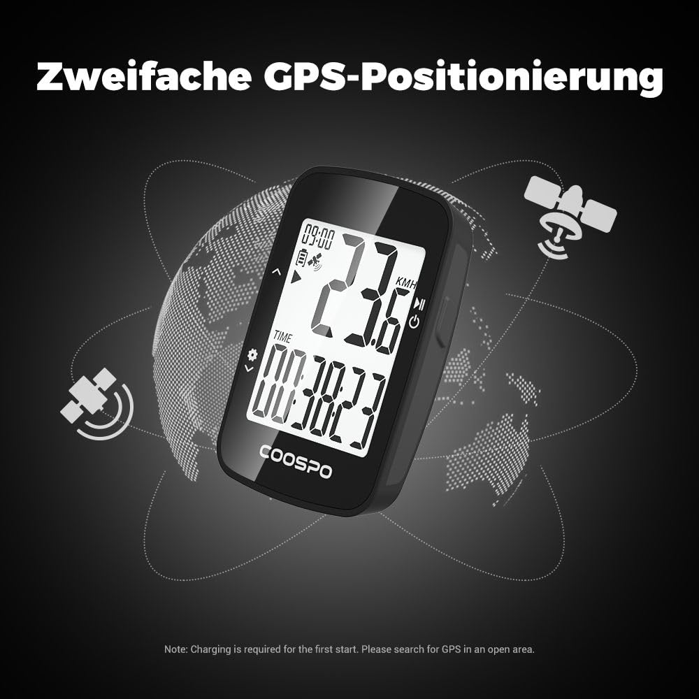 COOSPO BC26 GPS Fahrradcomputer Kabellos Bluetooth5.0/ ANT+, IP67 Wasserdichter Fahrrad Kilometerzähler Drahtlose Fahrradtacho Radcomputer 2,3 Zoll LCD mit Automatischer Hintergrundbeleuchtung