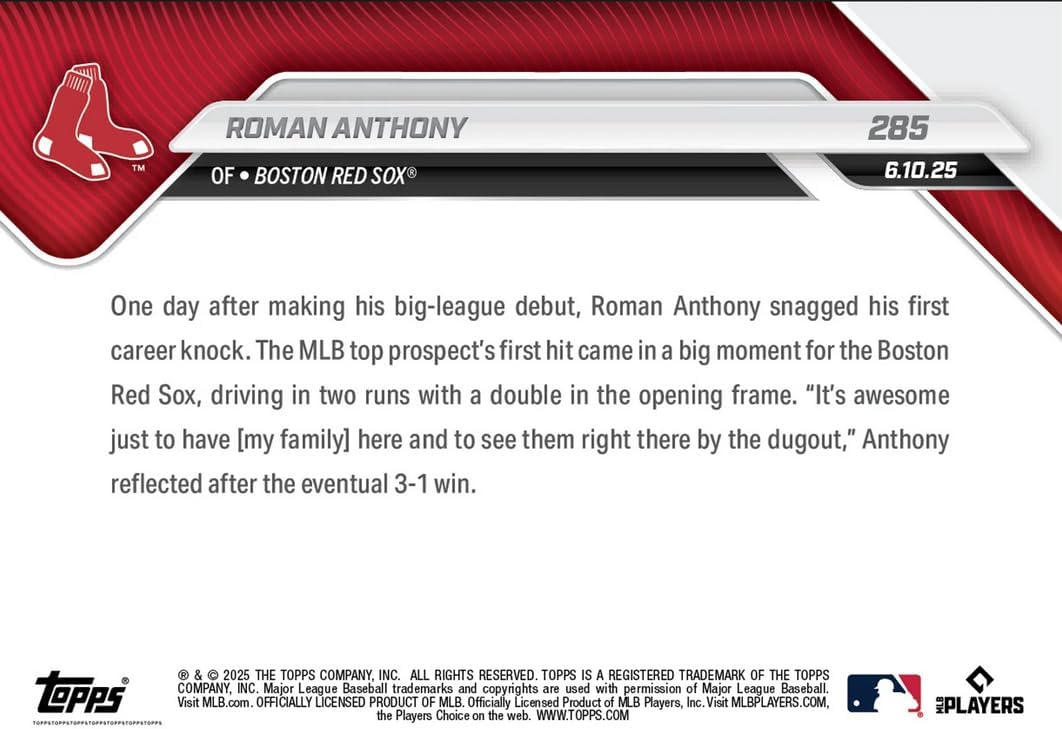 2025 Topps Now Roman Anthony #285 1st Career Hit for MLB Top Prospect Boston Red Sox Rookie RC Baseball Card