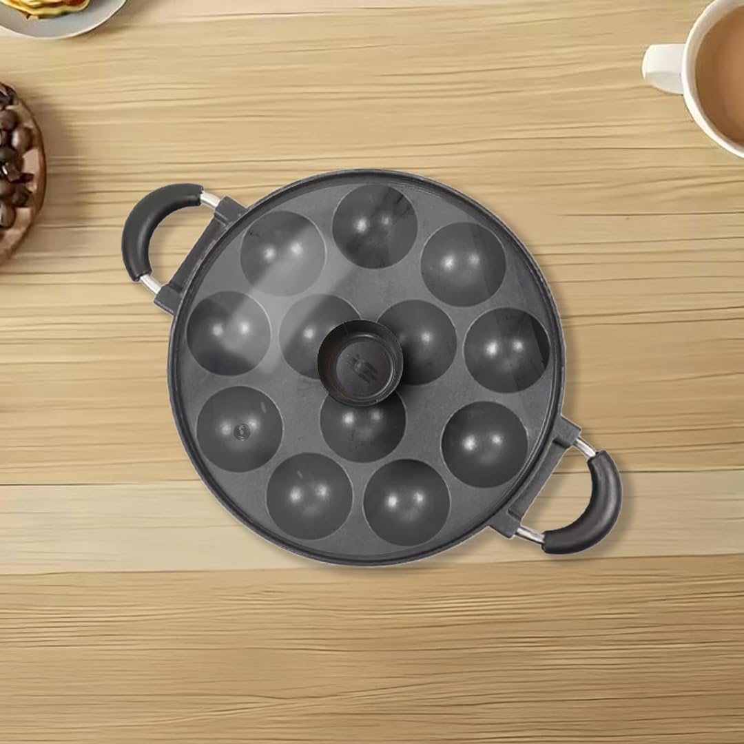 HomeEssentials Appam Pan with Lid - 12 Pit/Cup Appe Maker | Pre-Seasoned | Pan for Mini Pancakes, Litti, Potato Balls & Stuffed Snacks | Appe Paniyarakkal | Dual Side Rubber Handle (28cm, Aluminium)