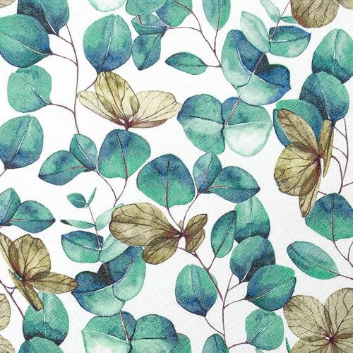 HOME FASHION Serviette Eukalyptusblätter 20 Stk 33x33 cm Papier Einseitig Bedruckt Weiß Rückseite Ganzjährig Ideal für Serviettentechnik und Decoupage