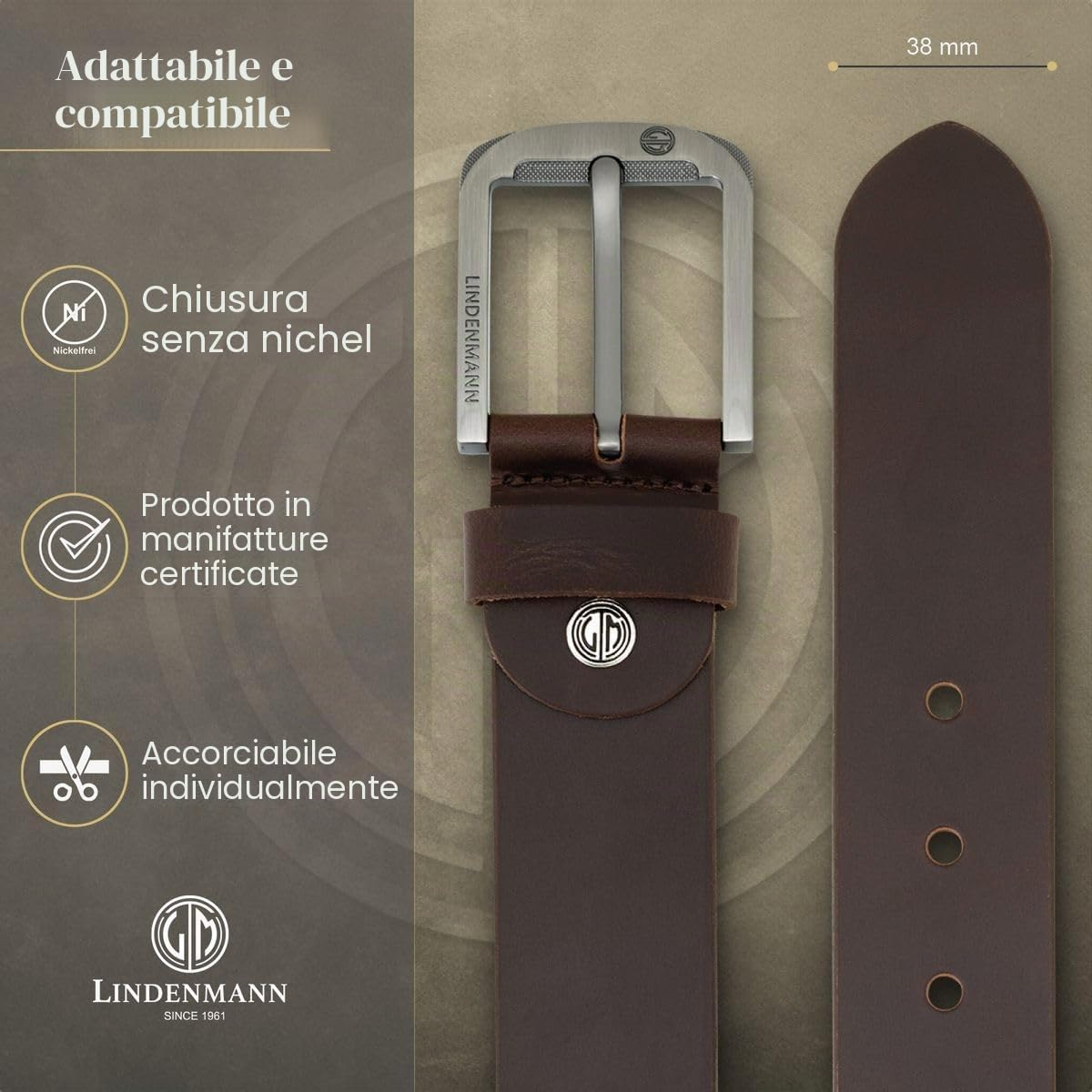 Lindenmann Cintura in pelle da uomo, cintura in pelle pieno fiore, cintura in jeans marrone