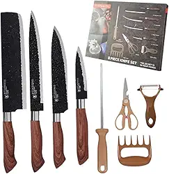 Kit Churrasco 8 Peças, Facas Profissionais em Aço Inox com Revestimento Antiaderente, Tesoura Multiuso e Garfo de Trinchar, Estilo Amadeirado, Ideal para Presente e Uso Gourmet