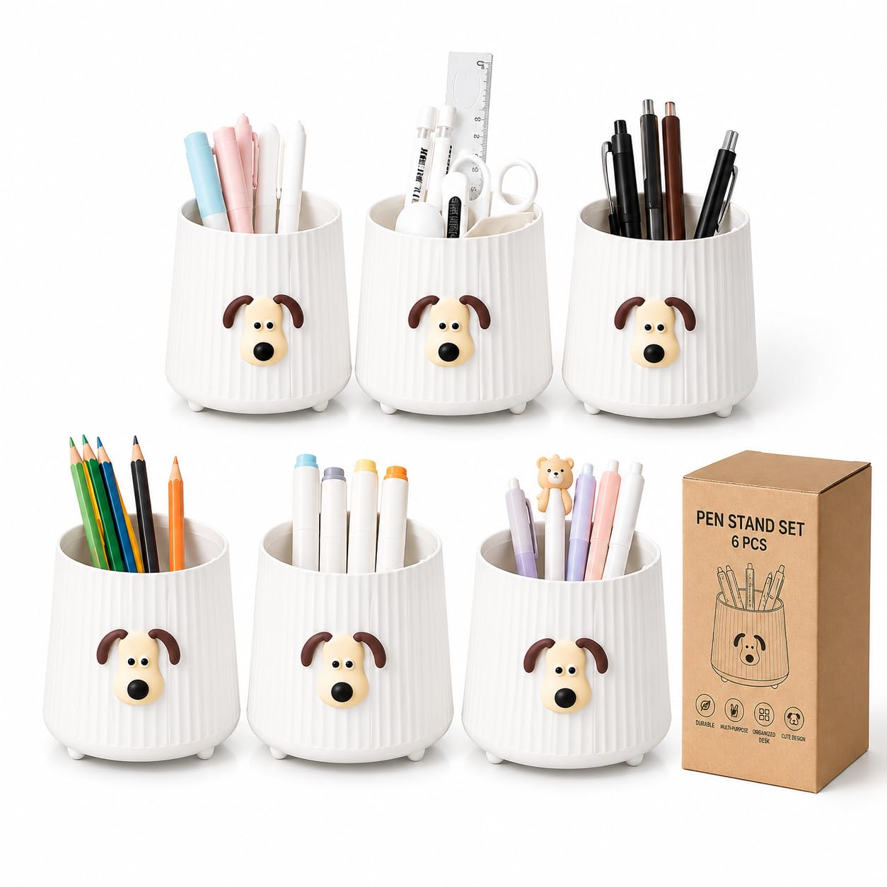 AccuPrints Sumiko - Set di 6 organizer da scrivania in plastica con motivo cane, regalo di ritorno, 11,5 x 10,5 cm, 4 scomparti, finitura opaca (bianco)