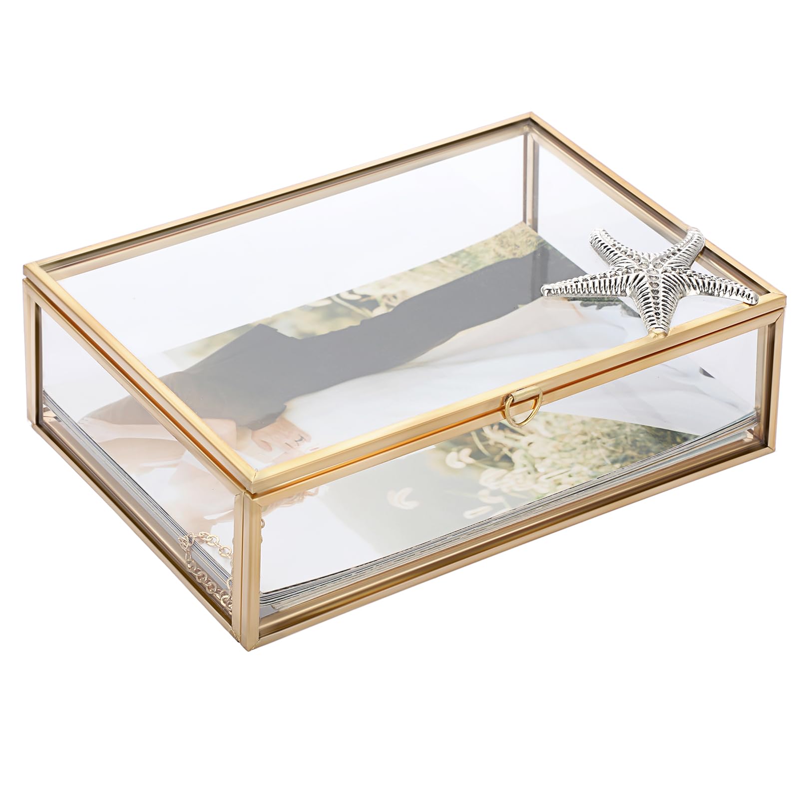 HipiweHipiwe Glass Photo Box Decorative Keepsakes Display Organizer with Starfish Decoration Vintage Jewelry Trinket Box with Lid Home Decor Gold Card Box for Wedding Party Birthday,4x6inch