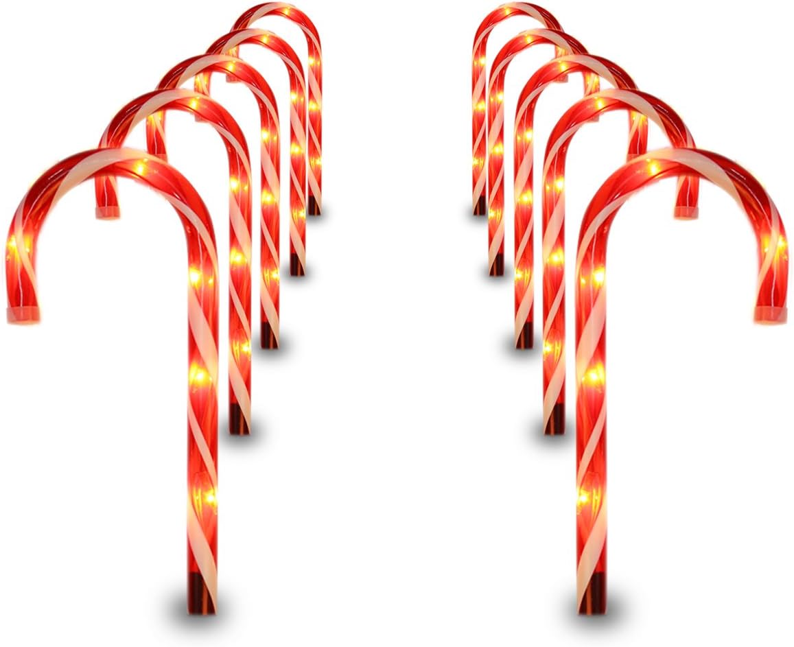 TQS 22" Christmas Candy Cane Lights, 10 Pack Christmas Pathway Markers Lights Decorations with Stakes & Pre-Lit with 5 Tungsten Bulbs Per Cane for Xmas Outdoor Indoor Yard Lawn Decor