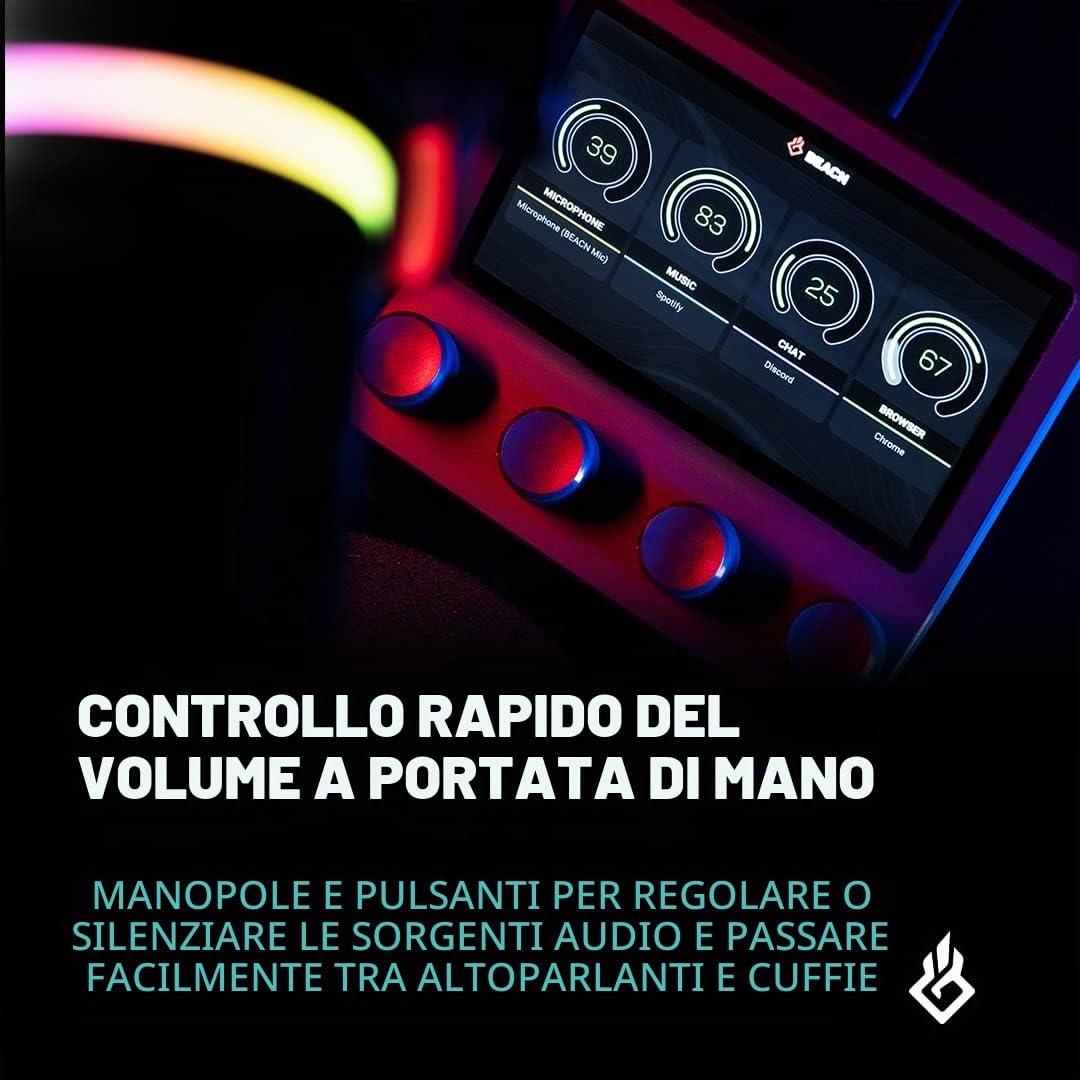 BEACN Mix interfaccia audio USB C | Mixer audio Windows per PC Gaming | Controllo audio a 4 canali con display a colori da 5 pollici e manopole di precisione (oscuro)