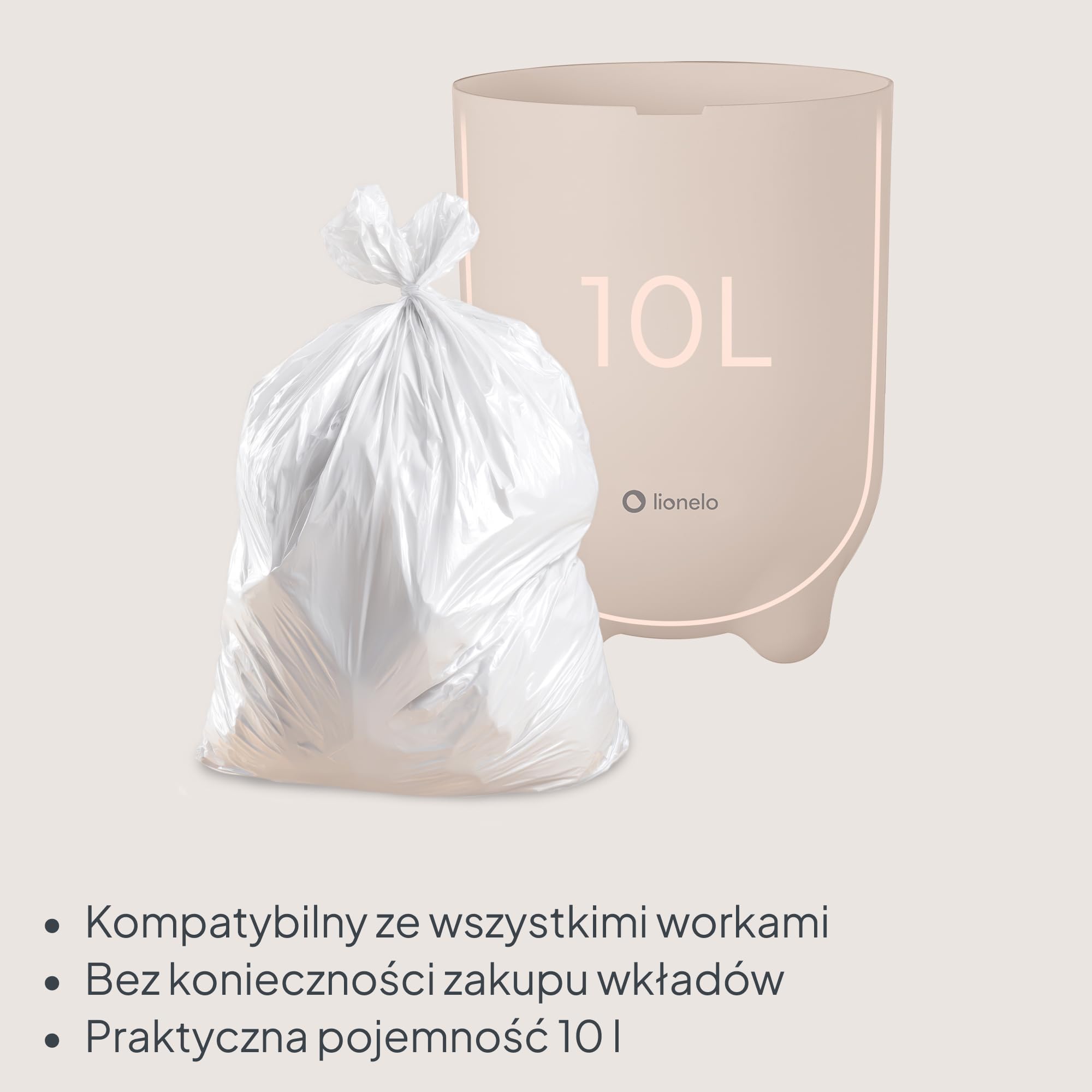 LIONELO Purebin Kosz na pieluchy 10 l, bezwonny i higieniczny, współpracuje z uniwersalnymi workami na śmieci, mechanizm kontroli zapachu, obsługa jednoręczna, kompaktowy, do łazienki i pokoju | Bez wkładów, higieniczne, hermetyczne zamknięcie, otwieranie