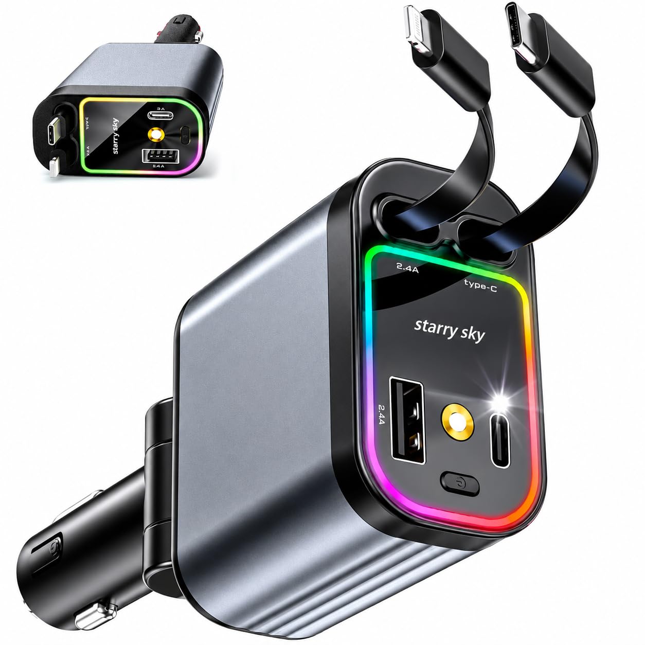 120W Fast Charging Retractable Car Charger 4-in-1, Built-in Type-C and Lightning Cables, USB-C/USB Adapter with Starry Sky Projector Night Light, Compatible with iPhone 16/15/14, Samsung Galaxy-image-49