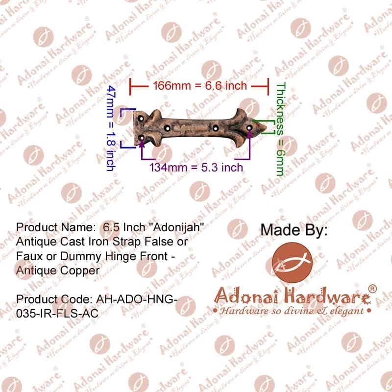 Image of Adonai Hardware inchAdonijah inch Antique Cast Iron Strap False or Faux or Dummy Hinge Front (6.5 inch x 4 Pack, Antique Copper) for Barn Doors, Gates, Cabinets, Wooden Box, Furniture, Chest, Trunks and Sheds