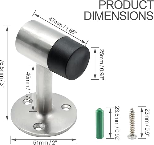 Miniatura 2 de Tope de suelo resistente de 3 pulgadas, tapón de puerta de aleación de zinc con parachoques de goma y tornillos de montaje (níquel cepillado, 2