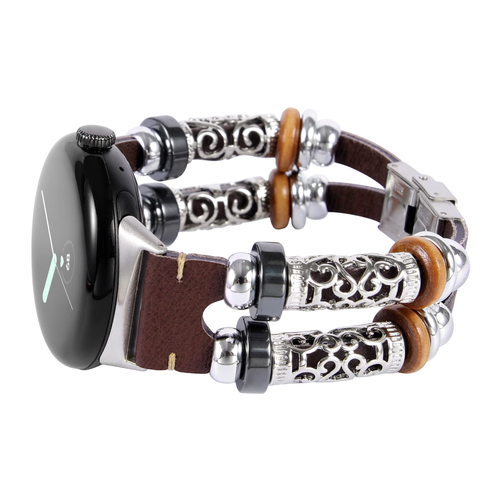 KONAFEICompatible with Google Pixel Watch 2 (2023)/ Pixel Watch Band, Slim Handmade Leather Bracelets Boho Bead Metal Jewelry Retro Strap Wristband Accessories for Women and Men