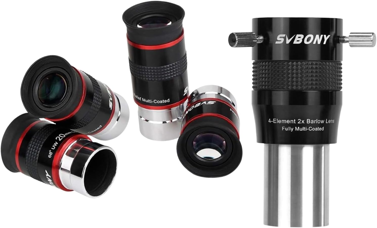 SVBONY Telescope Eyepiece FMC Broadband Green Film Telescope Accessory 1.25 68 Degree Ultra Wide Angle Bundle with SV216 2X Barlow Lens, 1.25inch FMC 4-Elements APO Apochromatic Barlow