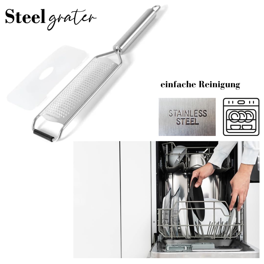 STEELGRATER -Käsereibe,Parmesanreibe,Zitronenreibe mit großer und scharfer Reibeoberfläche aus Premium 100% Edelstahl Stainless Steel rutschfest Robust und Spülmaschinengeeignet