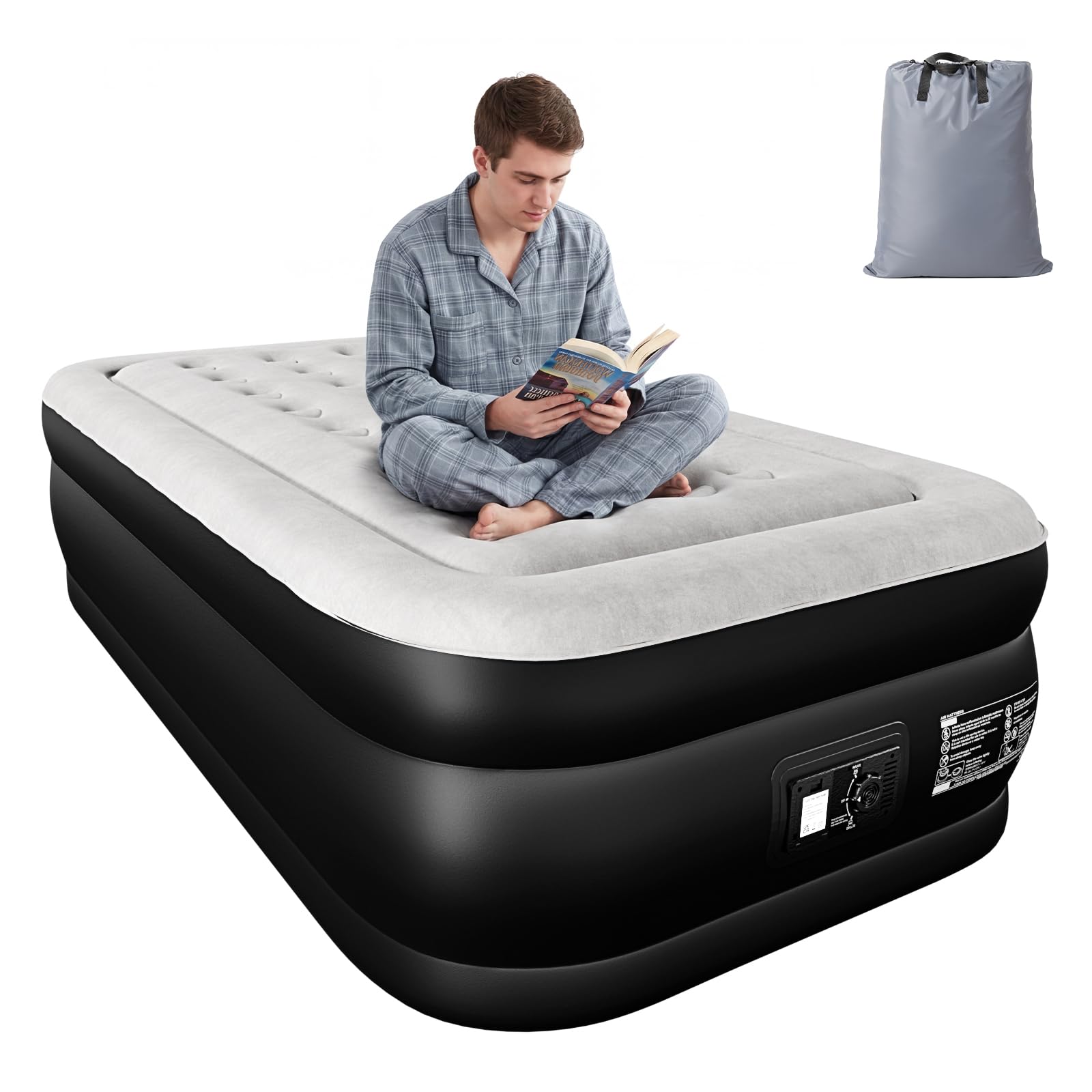 Bonnlo Single Air Bed, Inflatable Mattress with Built-in Electric Pump, Air Mattress Self Inflating,190x99x46cm Flocked Surface, 150kg Capacity for Outdoor Camping & Guest Use (Black/Grey)