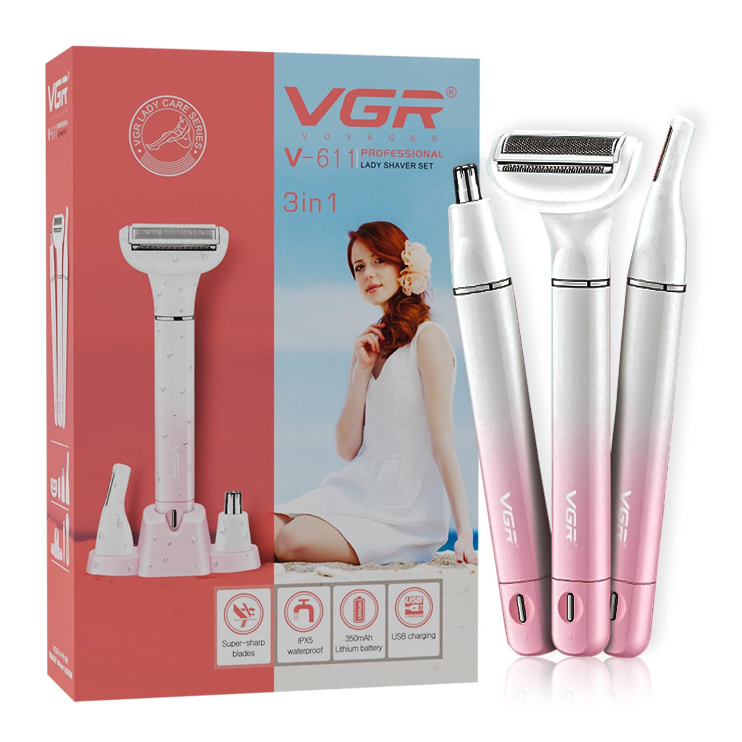 VGR Bikini Trimmer for Women | Safe & Gentle Grooming for Bikini, Underarm, Face & Body | Eyebrow & Nose Trimmer Attachments | IPX5 Waterproof | 60min Runtime | Type-C Charging (V-611)