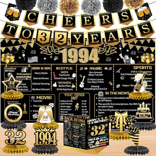 32nd Birthday Decorations for Women Men 18PCS Black Gold Back in 1994 Banner Decorations Bday Backdrop 32 Year Old Banner for Her Him Birthday Card 6 Paper Poms 9 Honeycomb Balls