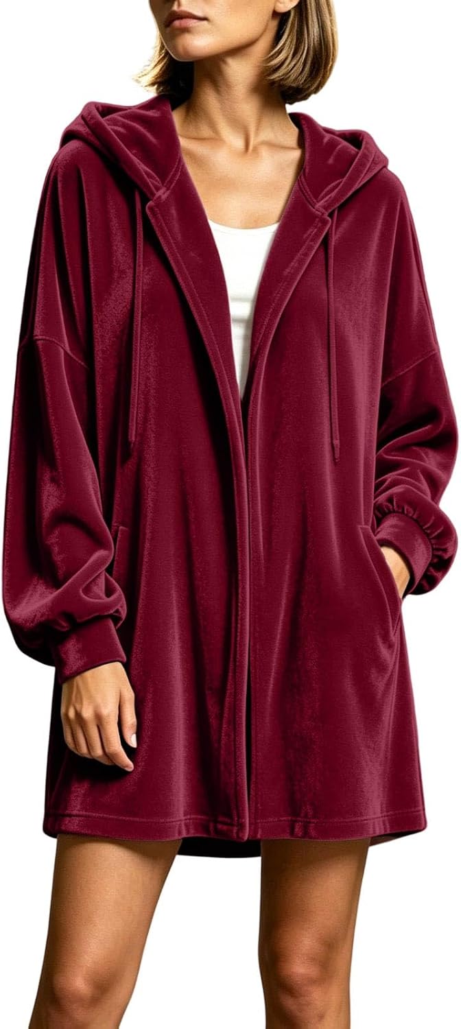 Women's Velvet Hooded Cardigan Long Sleeve Casual Longline Jacket