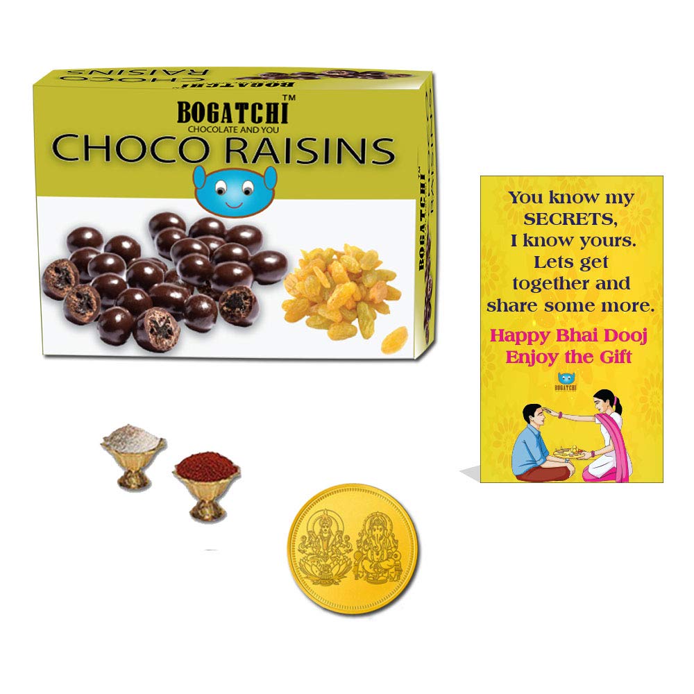 BOGATCHI Bhai Dooj Gift Dark Chocolate Coated Raisins, 100g + Free Bhai Dooj Greeting Card + Free Gold Coin + Roli Chawal (B07JD1Y4FF) Amazon Price History, Amazon Price Tracker